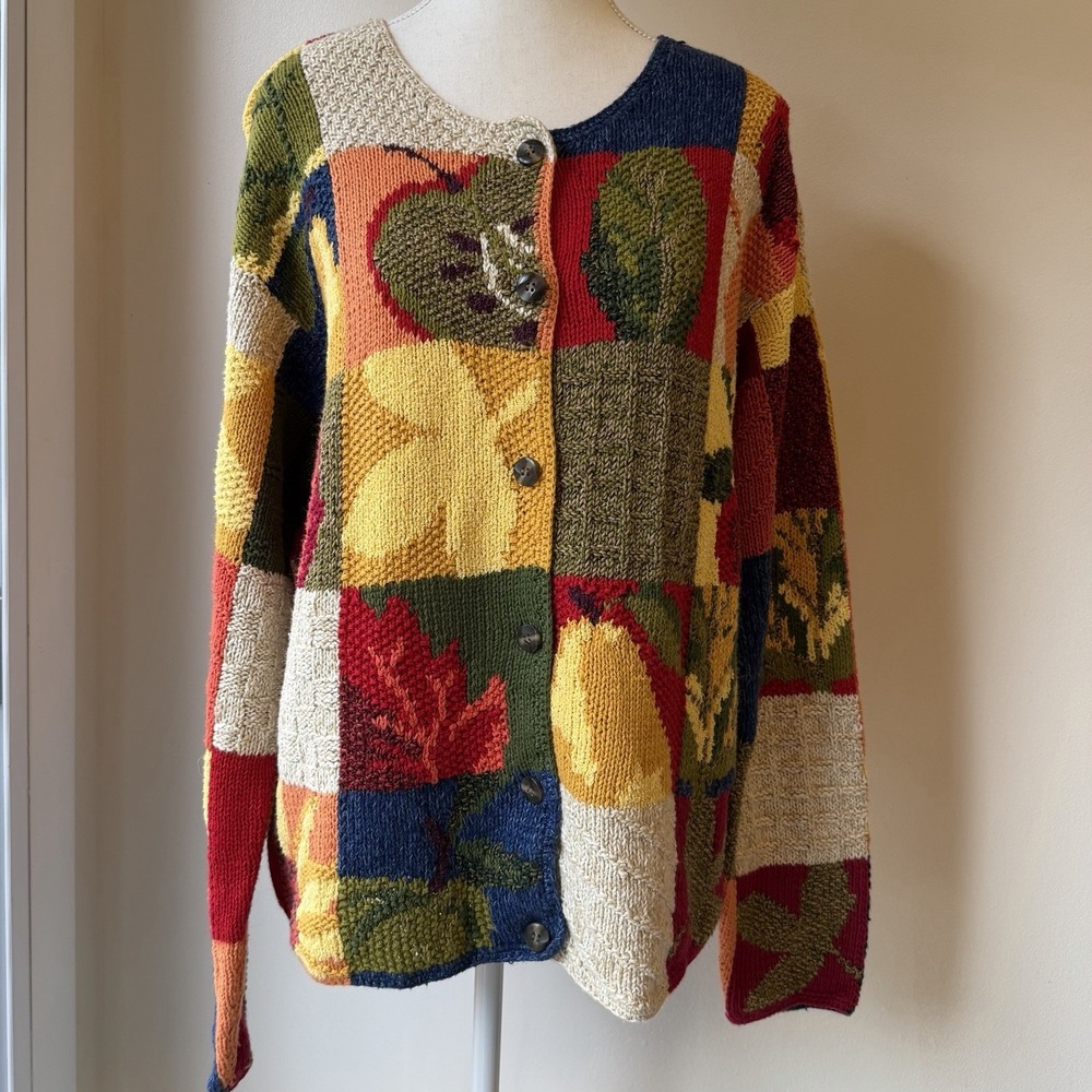 Talbots Patchwork Cardigan Sweater XL Multicolor Artsy Whimsical